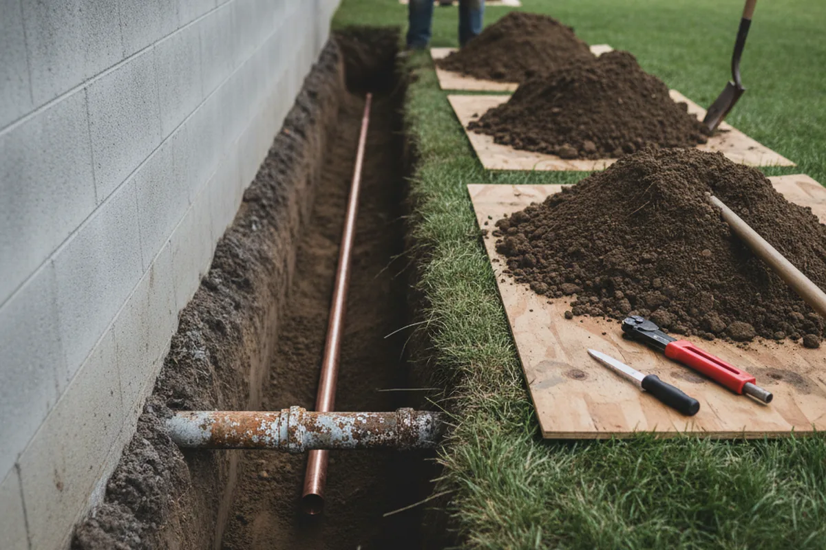 Excavated water line trench during Water Heater Repair in Sumrall